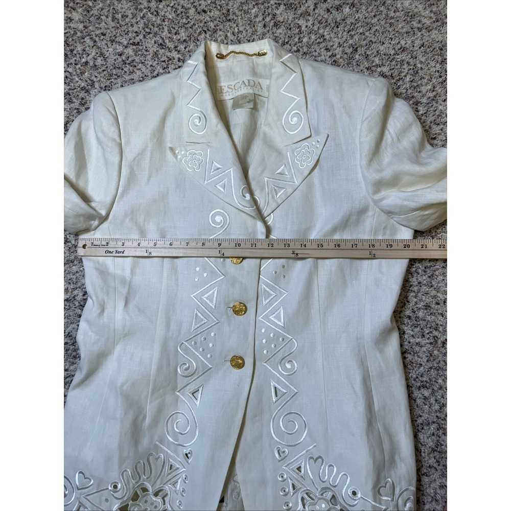 Escada Ivory Women Blazer 100% Linen Floral Embroidered Sz 42 EUR 12 US 3/4 Slv - Picture 9 of 12